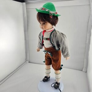 Vintage Porcelain Boy Doll, Traditional German Bavarian Clothing, Green Hat, GUC